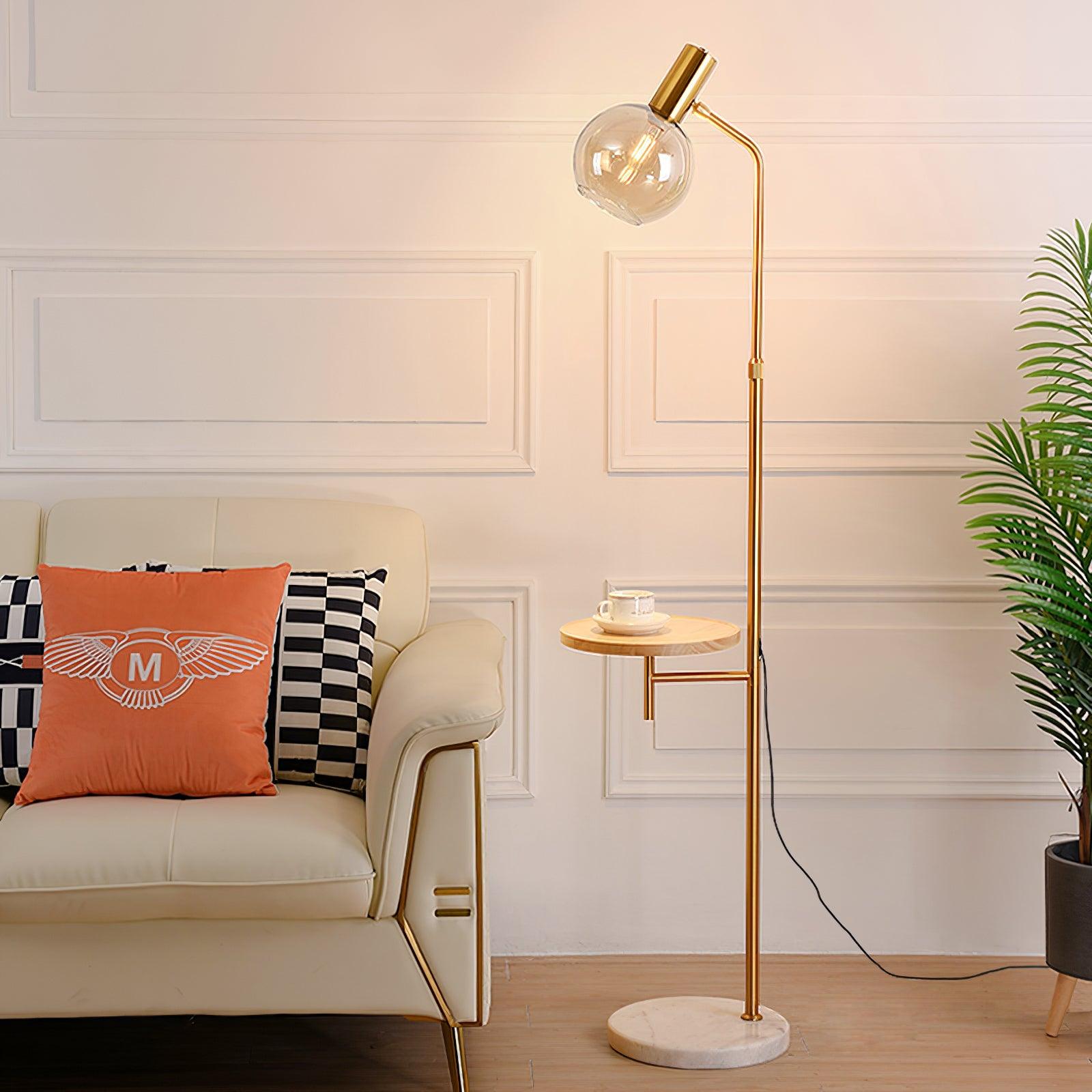 Marble Base Gold Floor Lamp with Charging Table