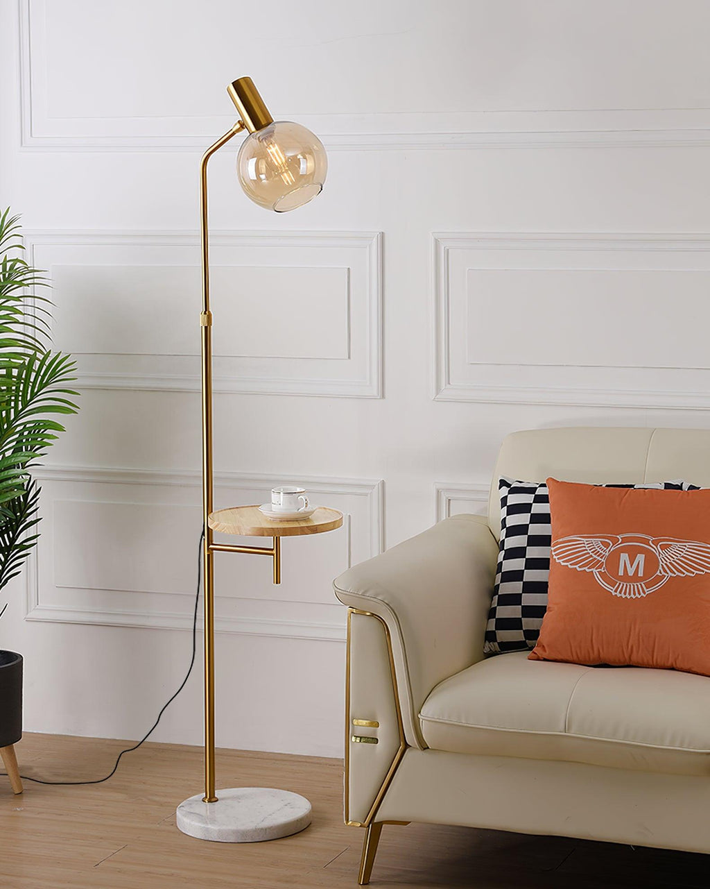 Marble Base Gold Floor Lamp with Charging Table