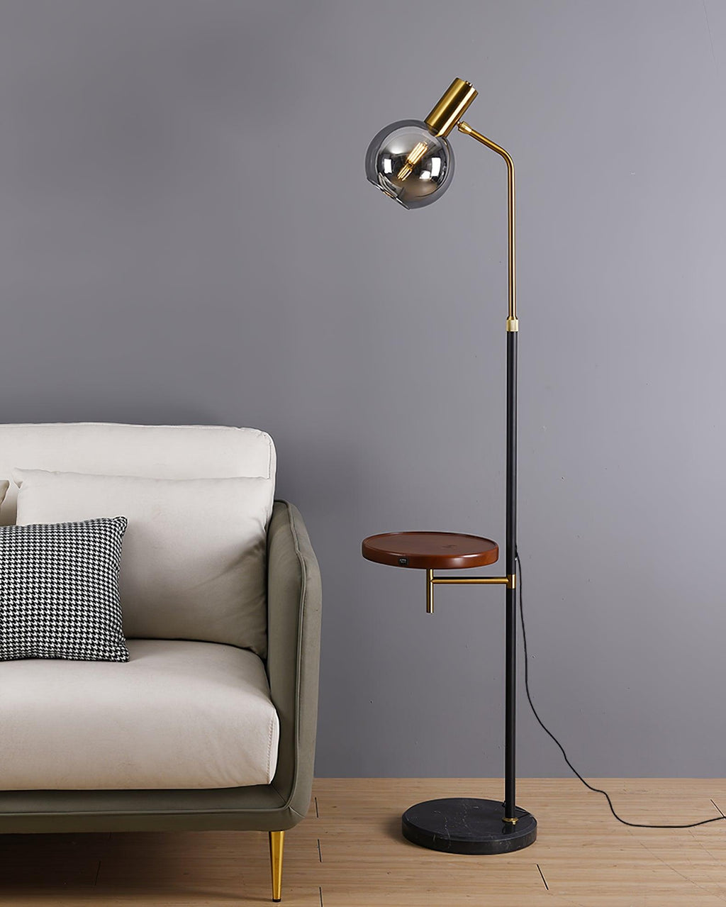 Marble Base Gold Floor Lamp with Charging Table