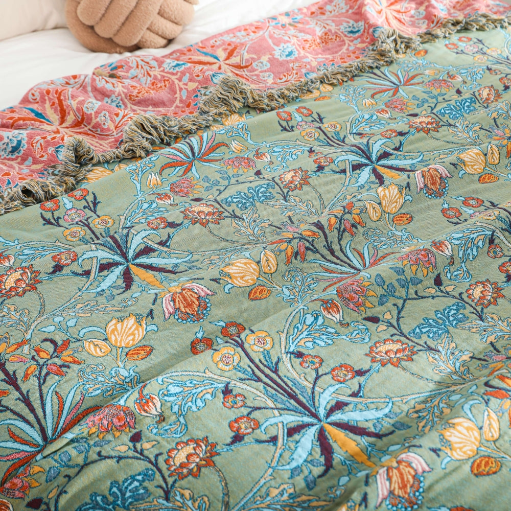 WildPetal: Reversible Cotton Blanket with Jacquard Floral Pattern & Tassel Edge – for Sofa & Bedroom