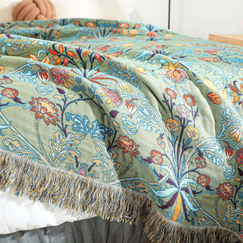 WildPetal: Reversible Cotton Blanket with Jacquard Floral Pattern & Tassel Edge – for Sofa & Bedroom