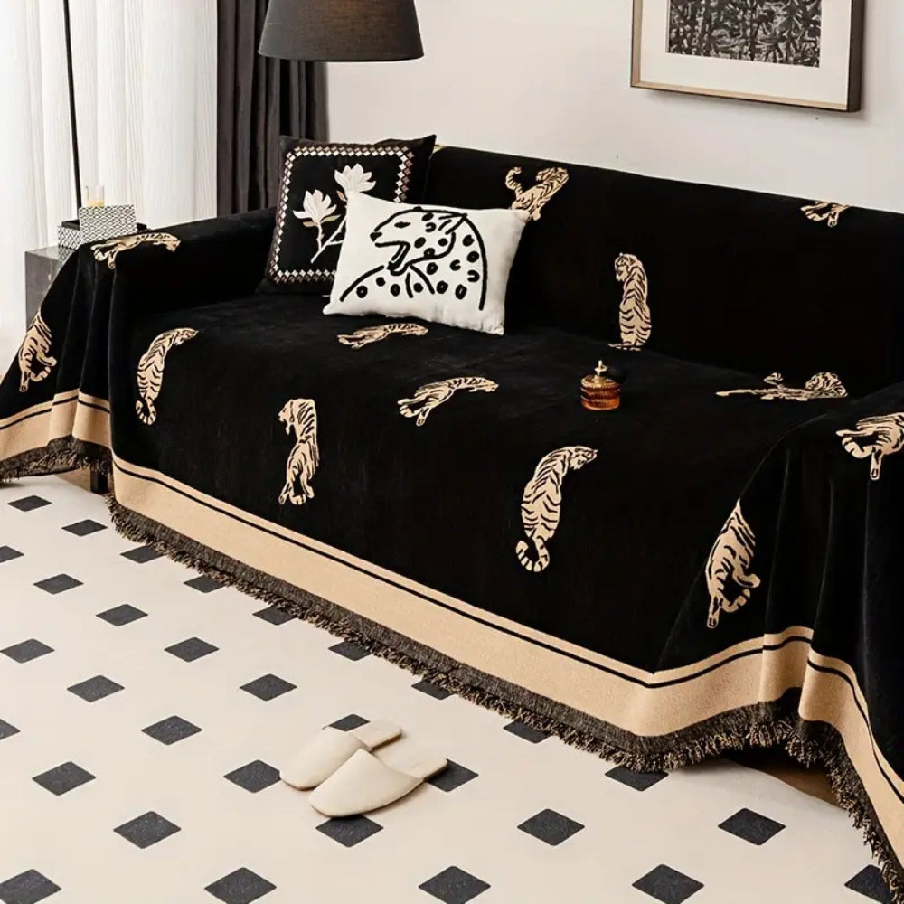 WildLuxe: Chenille Sofa Throw with Tiger Pattern – Stylish Sofa Cover for Living Room & Bedroom