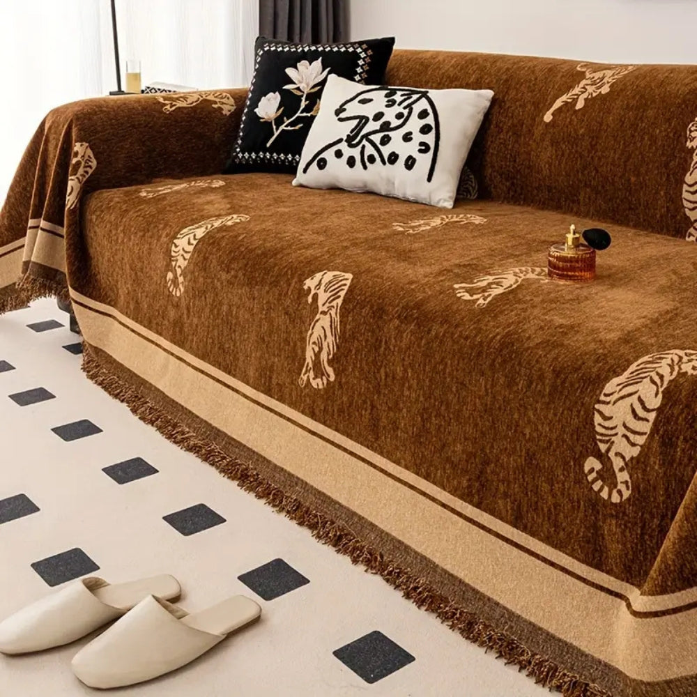 WildLuxe: Chenille Sofa Throw with Tiger Pattern – Stylish Sofa Cover for Living Room & Bedroom