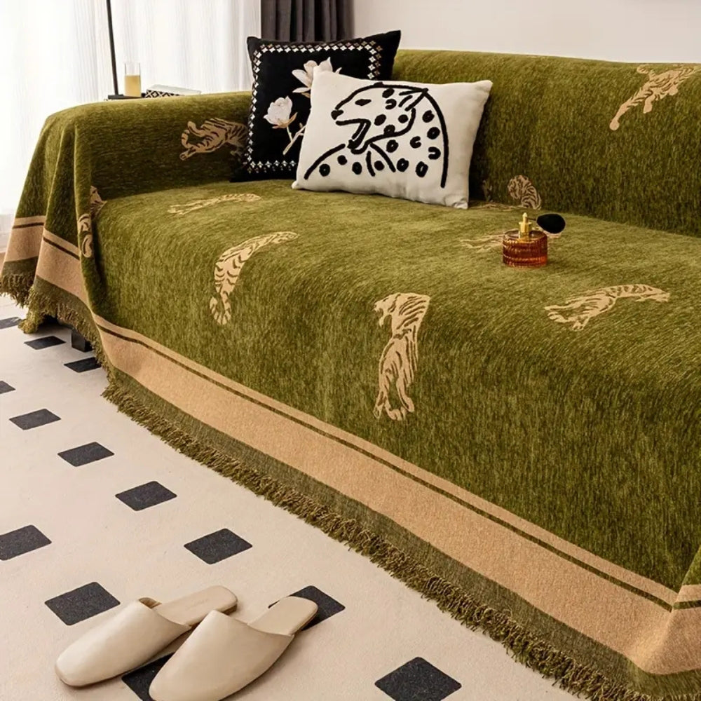 WildLuxe: Chenille Sofa Throw with Tiger Pattern – Stylish Sofa Cover for Living Room & Bedroom