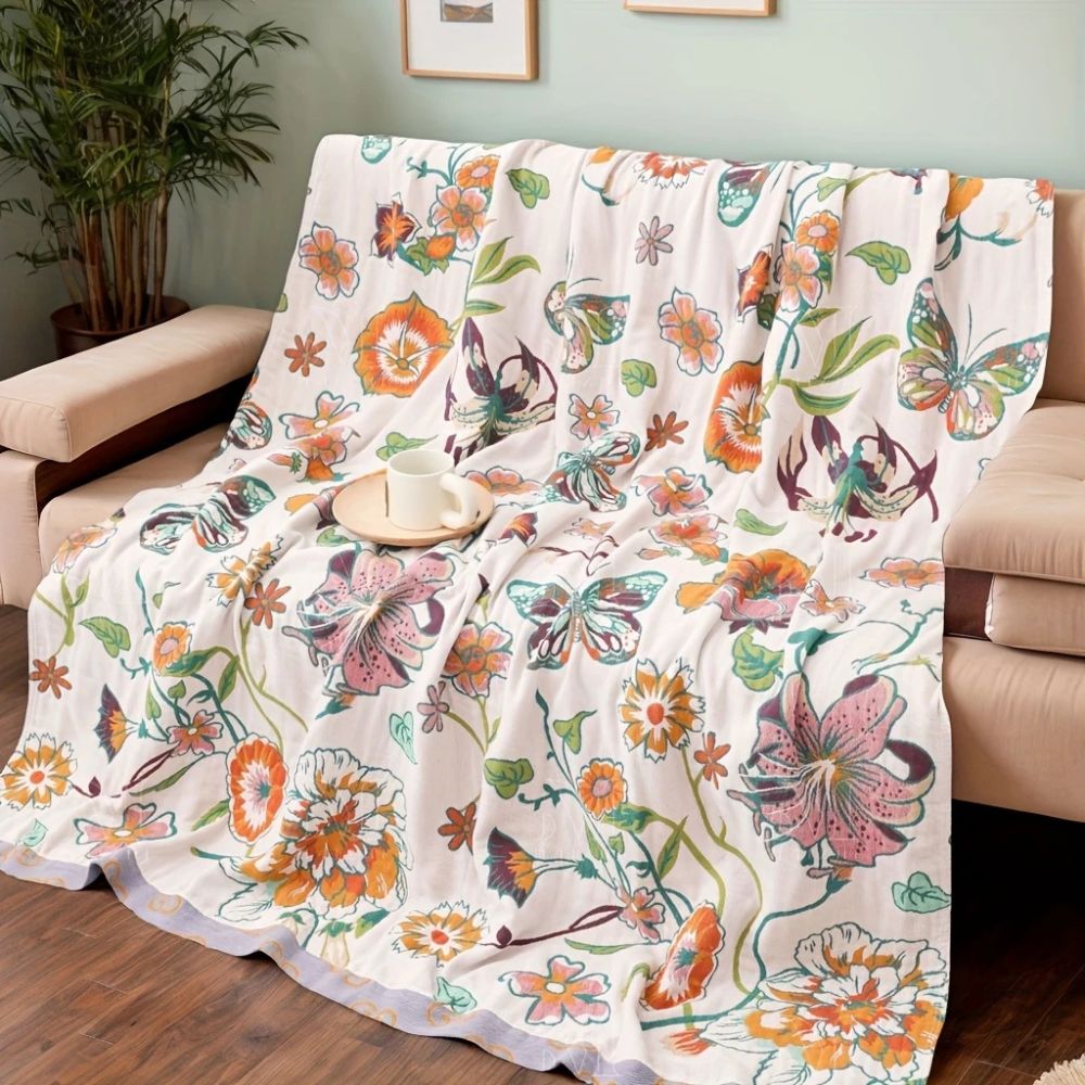 WildBloom: Decorative Cotton Blanket with Floral & Butterfly Design – for Bedroom & Living Room
