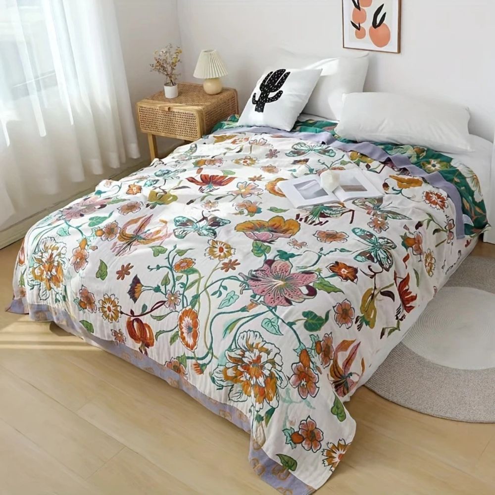 WildBloom: Decorative Cotton Blanket with Floral & Butterfly Design – for Bedroom & Living Room