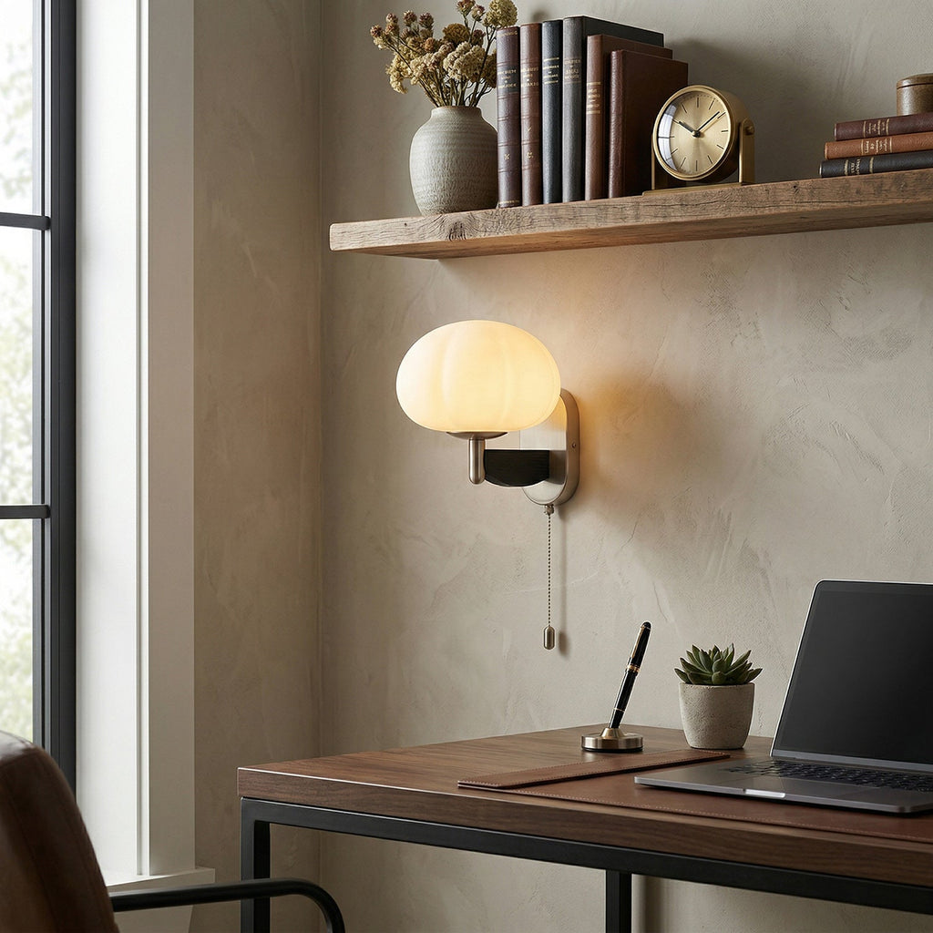 Ash Wood Wall Sconce with Ribbed Frosted Glass Shade