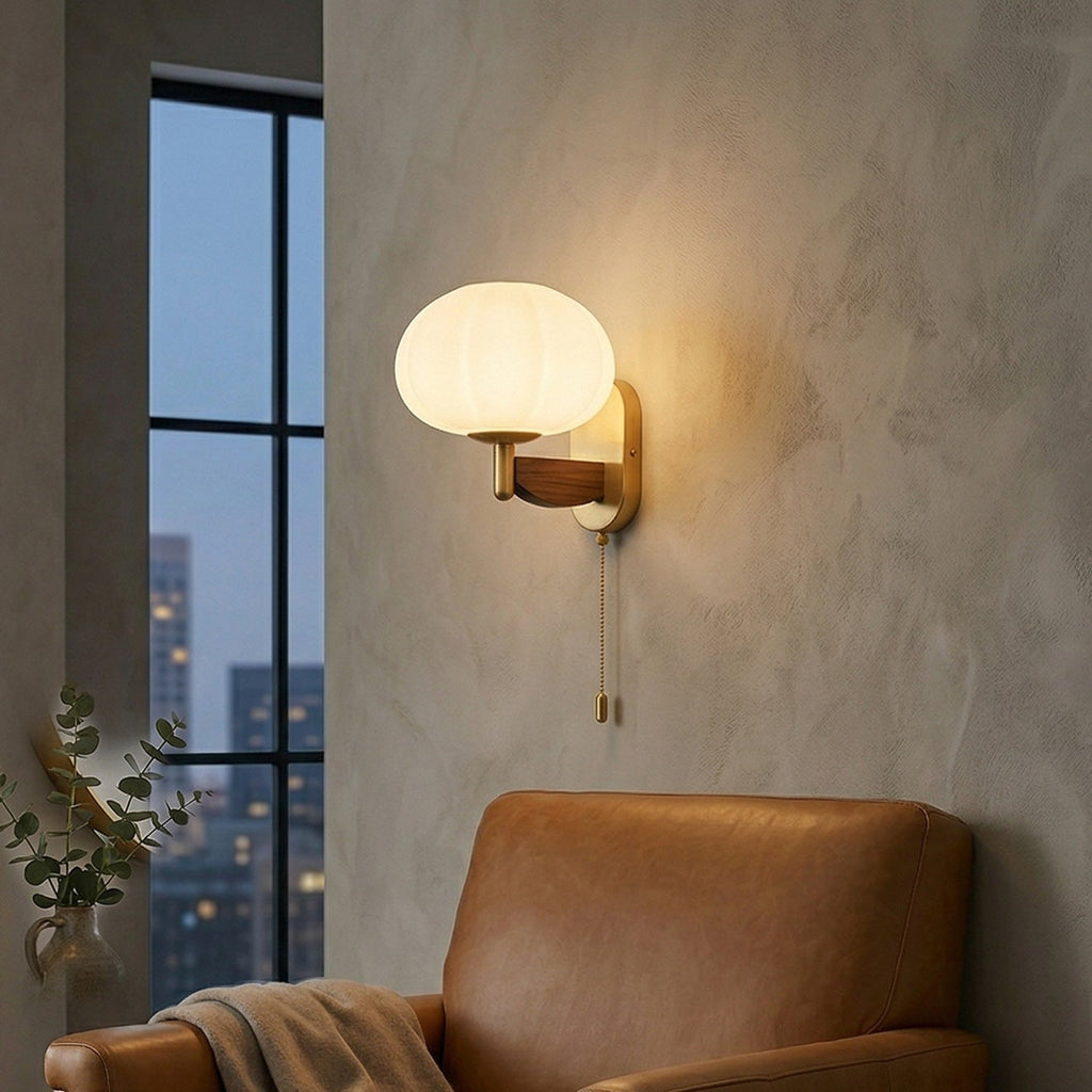 Ash Wood Wall Sconce with Ribbed Frosted Glass Shade