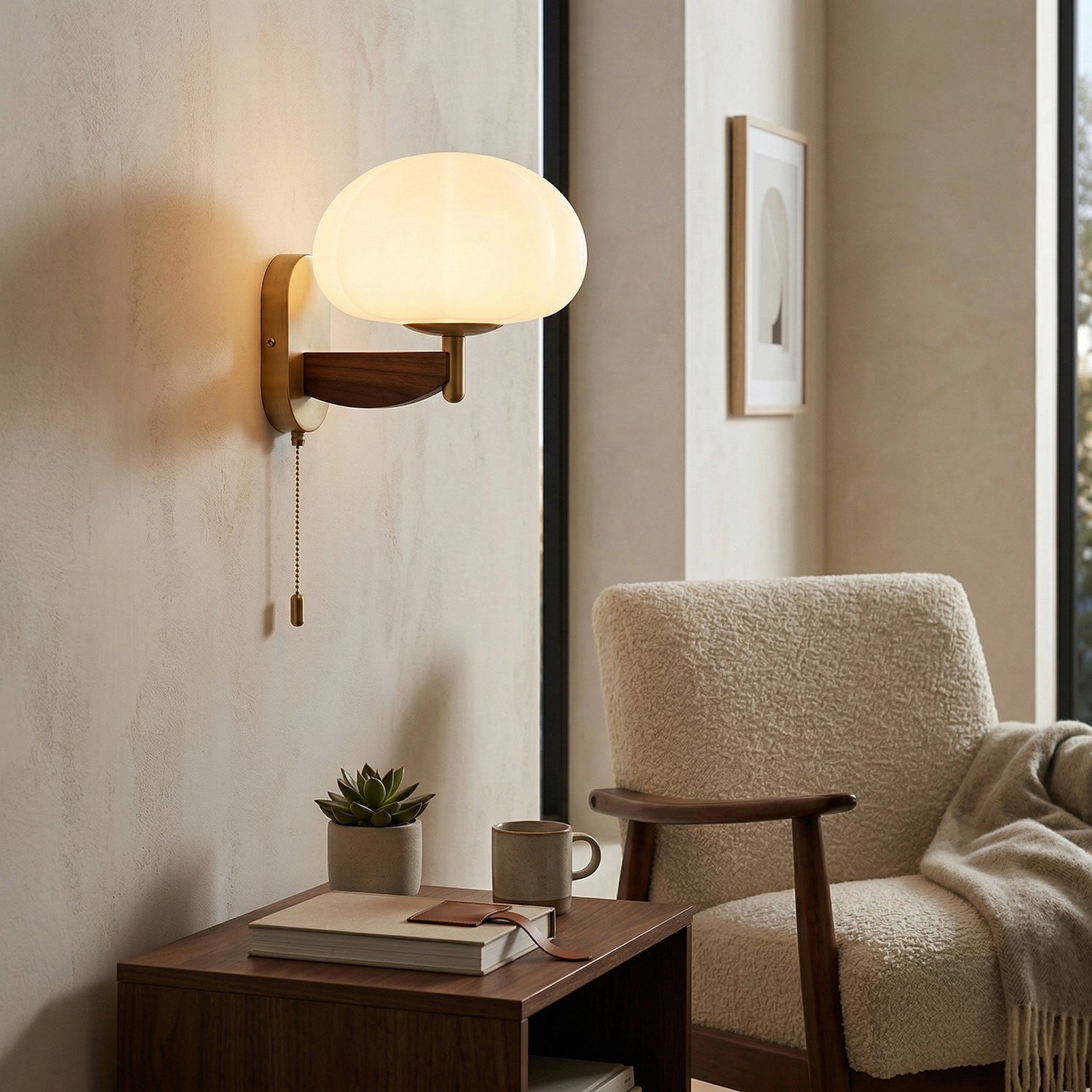 Ash Wood Wall Sconce with Ribbed Frosted Glass Shade