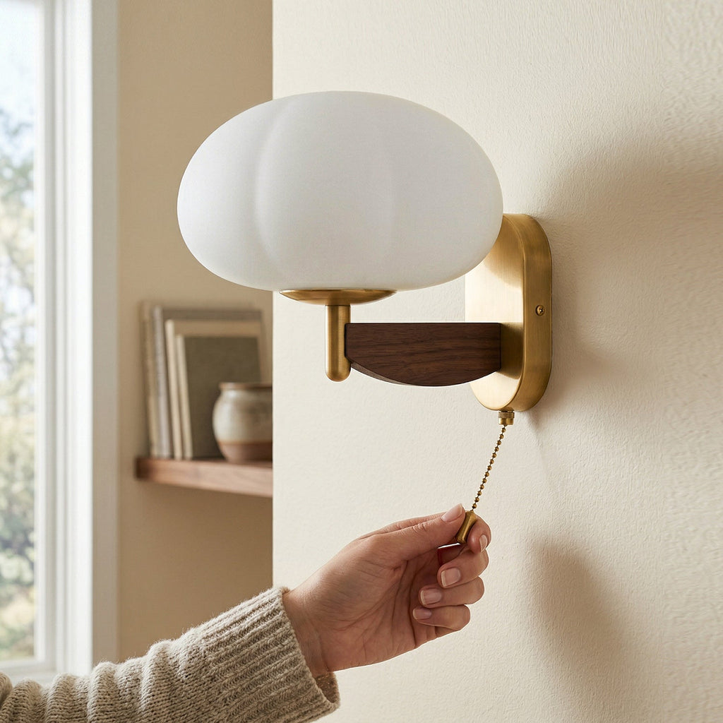Ash Wood Wall Sconce with Ribbed Frosted Glass Shade