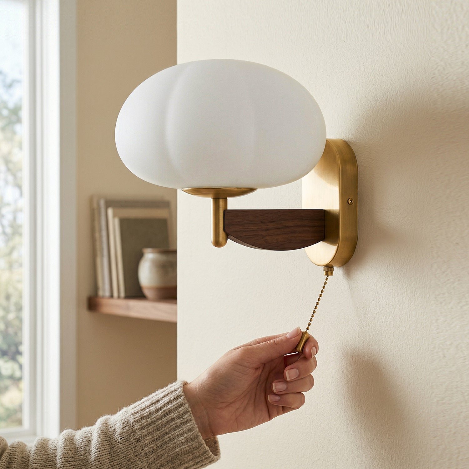Ash Wood Wall Sconce with Ribbed Frosted Glass Shade