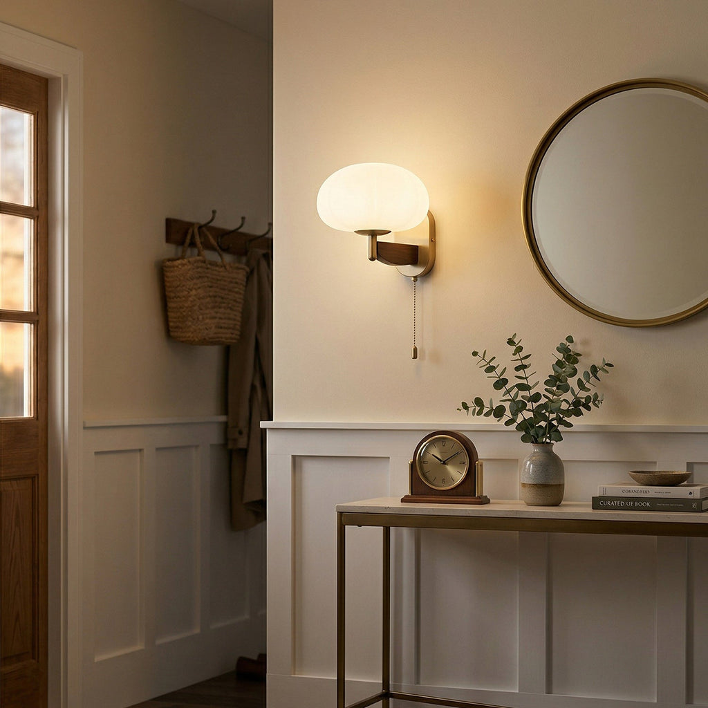 Ash Wood Wall Sconce with Ribbed Frosted Glass Shade