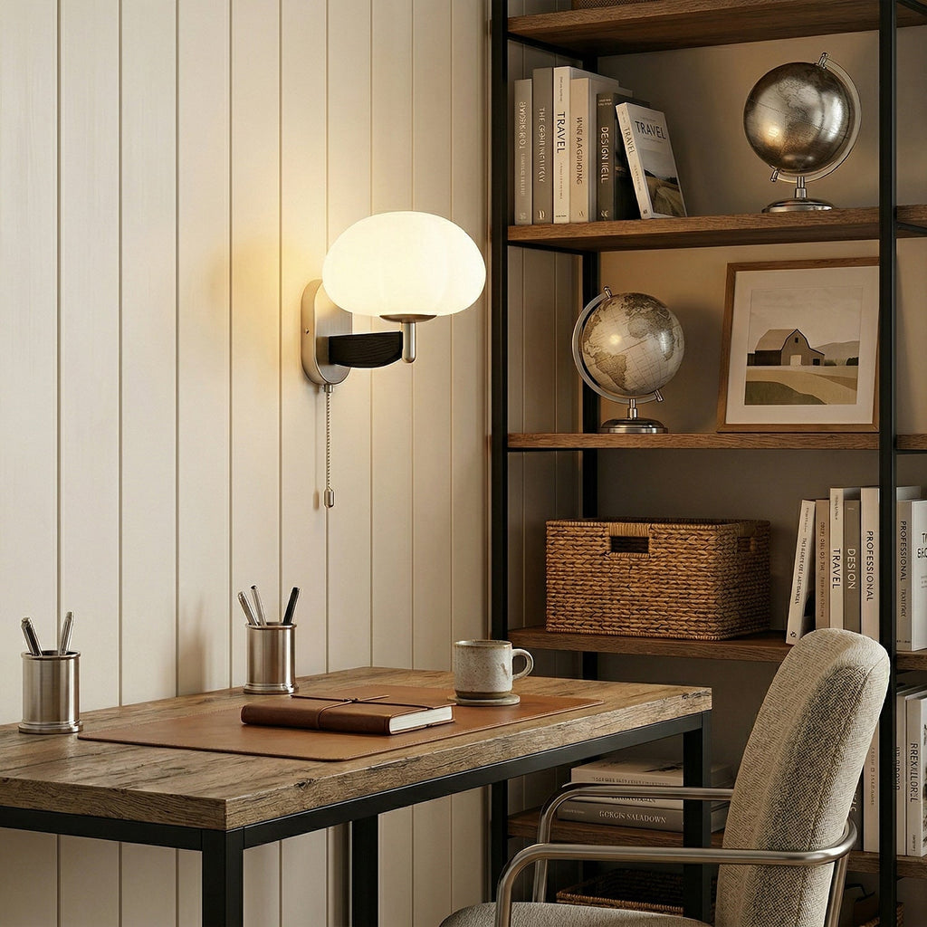 Ash Wood Wall Sconce with Ribbed Frosted Glass Shade