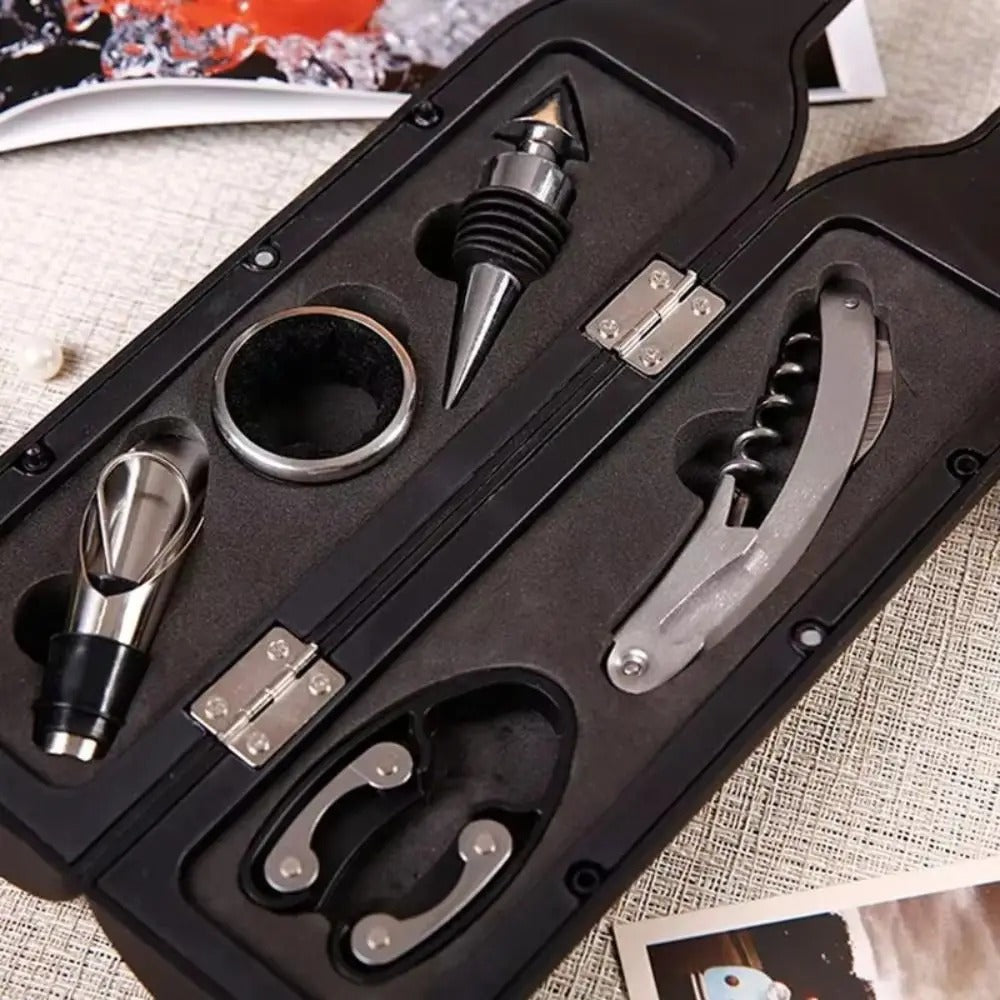 Wine Opener Set, Bottle Shaped Case, 5 Piece Set, Manual Operation