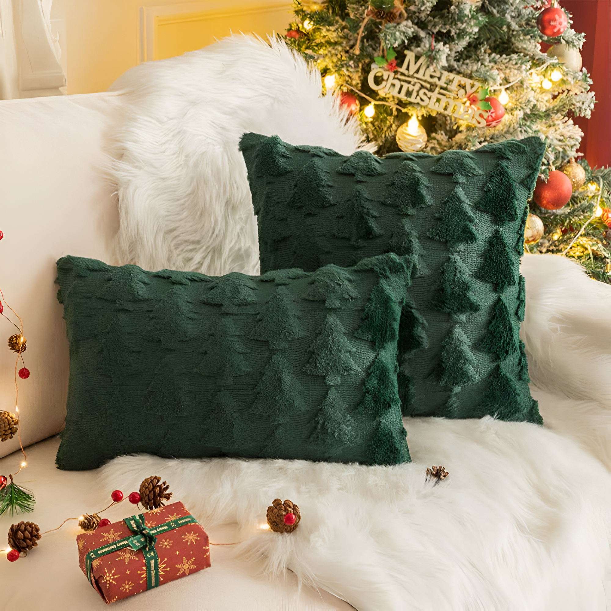 WinterMagic: Fluffy Christmas Pillowcase with Christmas Tree Design – Decorative & Cozy (Set of 2)