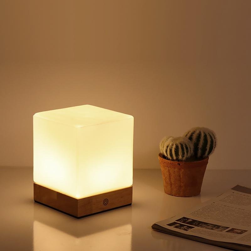 Cordless LED Cube Lamp Rechargeable Battery PE Solid Wood Brown