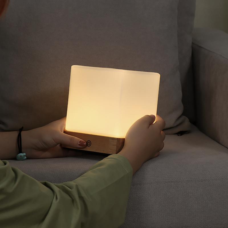 Cordless LED Cube Lamp Rechargeable Battery PE Solid Wood Brown