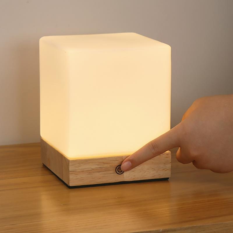 Cordless LED Cube Lamp Rechargeable Battery PE Solid Wood Brown