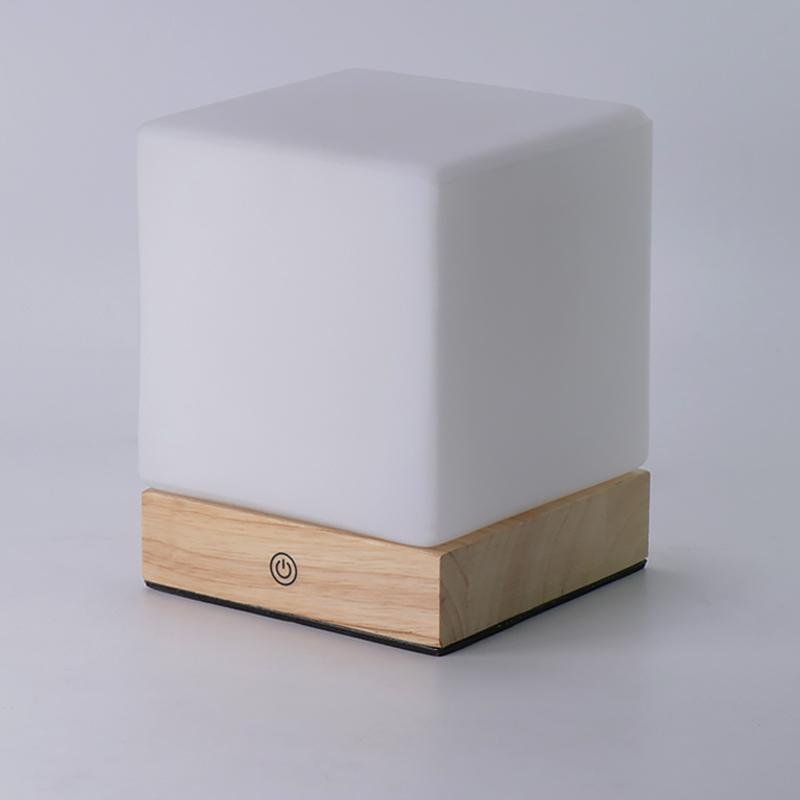 Cordless LED Cube Lamp Rechargeable Battery PE Solid Wood Brown