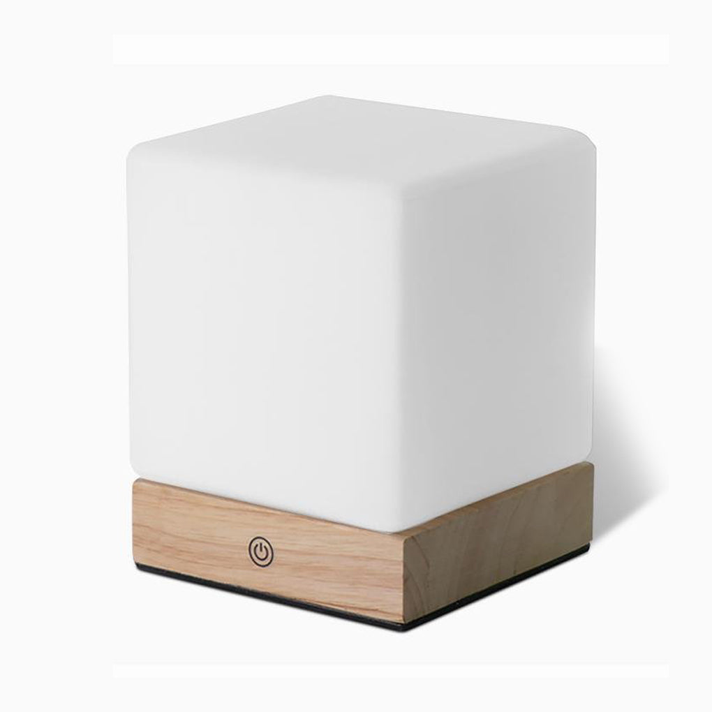 Cordless LED Cube Lamp Rechargeable Battery PE Solid Wood Brown