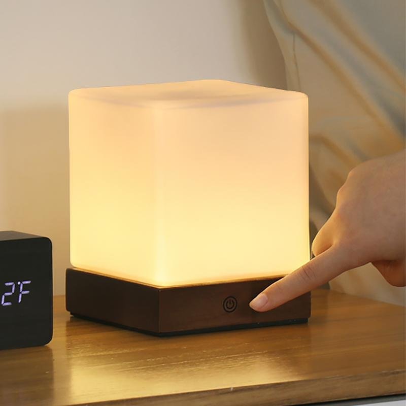 Cordless LED Cube Lamp Rechargeable Battery PE Solid Wood Brown