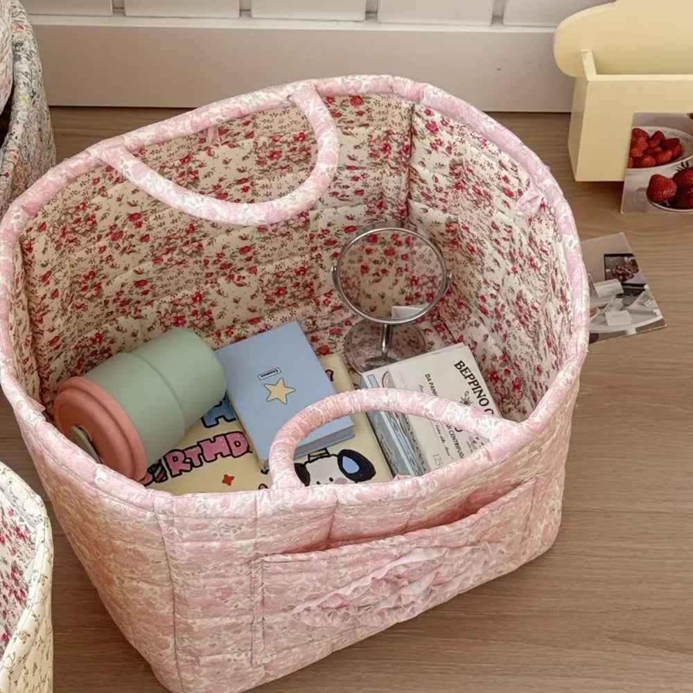 WohnBlüte: Storage Basket in Floral Quilted Design – Decorative, Foldable & Practical for Laundry & Toys