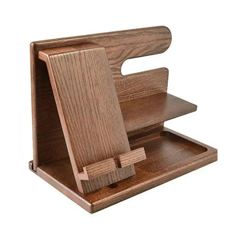 Desk Organizer Solid Wood Walnut Finish Phone Stand Accessory Holder