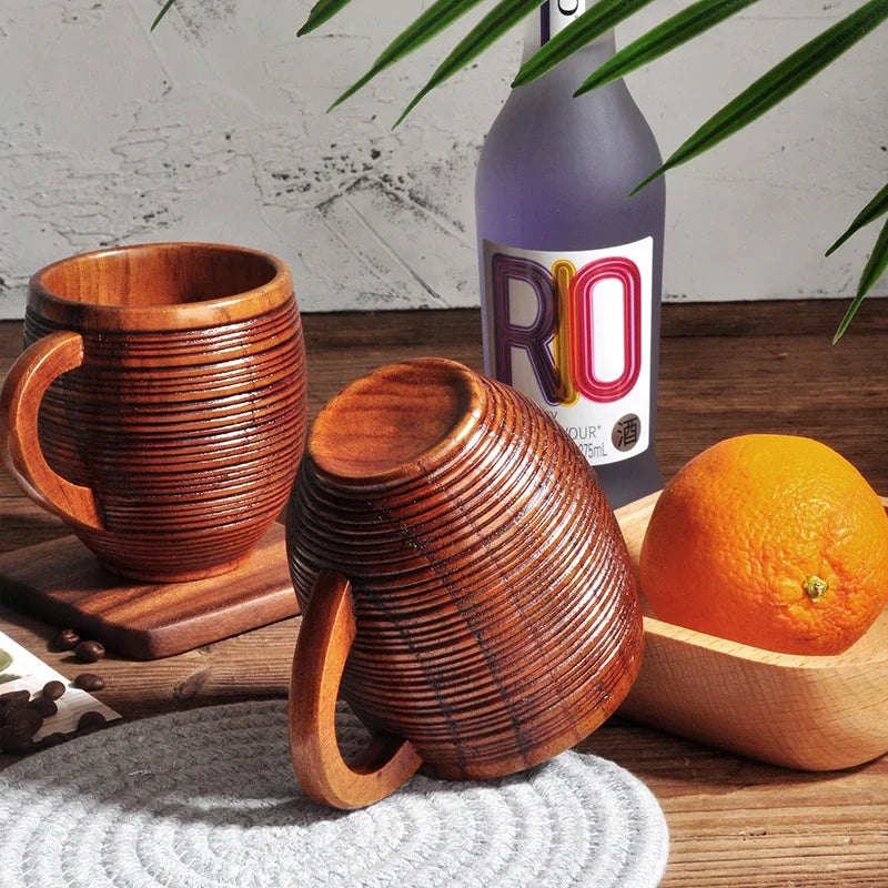 Hand-Carved Natural Wood Mug Ergonomic Handle Grain Texture