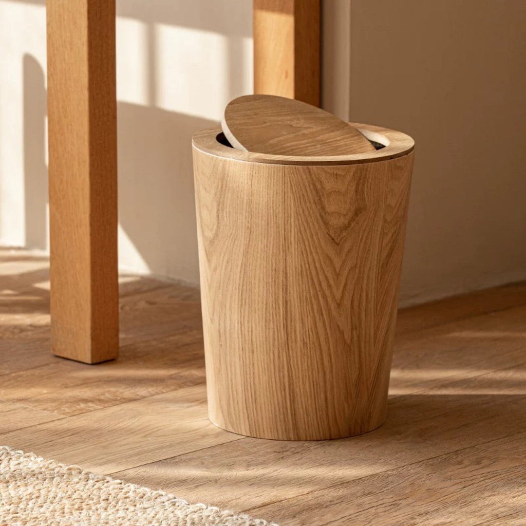 Trash Can Wood Style Rotating Lid Dual Layer Kitchen Bin