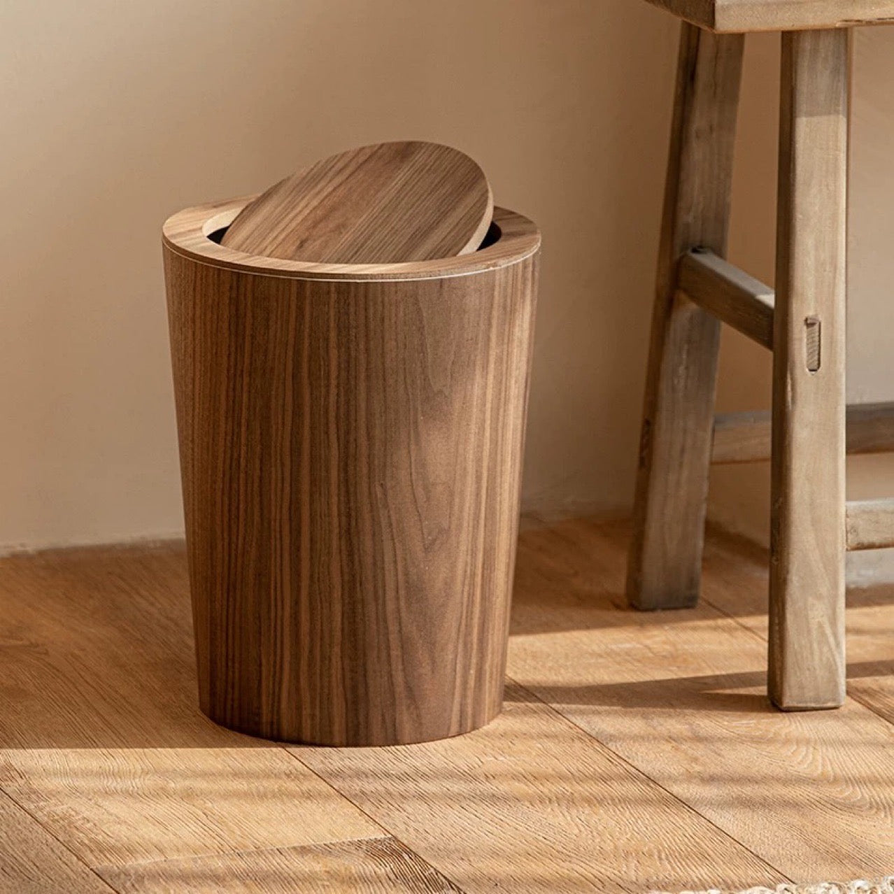 Trash Can Wood Style Rotating Lid Dual Layer Kitchen Bin