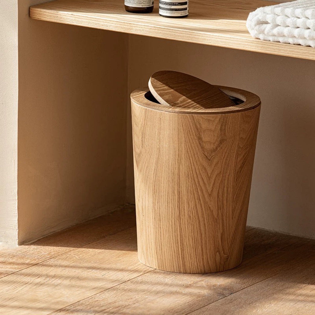 Trash Can Wood Style Rotating Lid Dual Layer Kitchen Bin