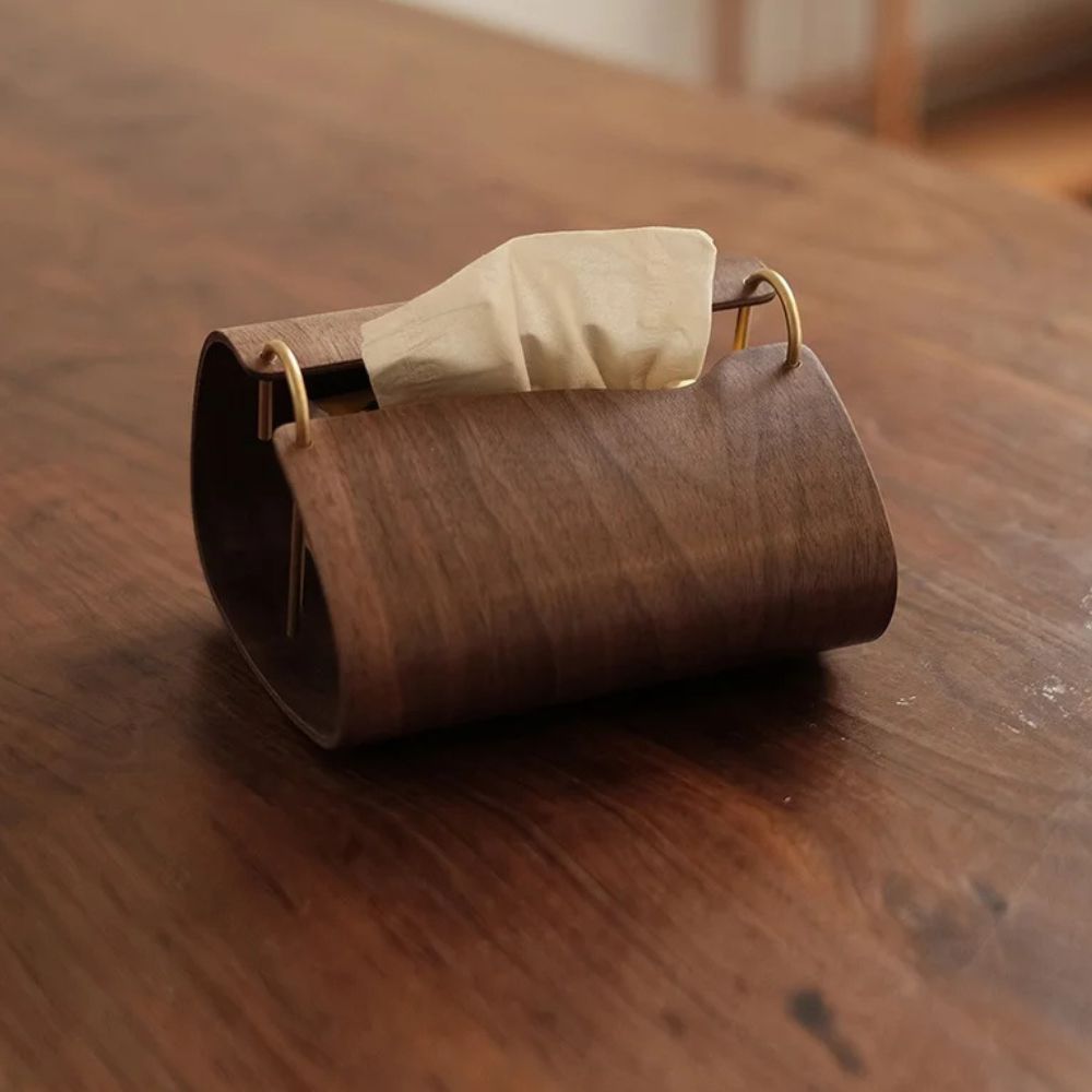 Tissue Box Cover Walnut Finish Brass Insert Non Slip Feet