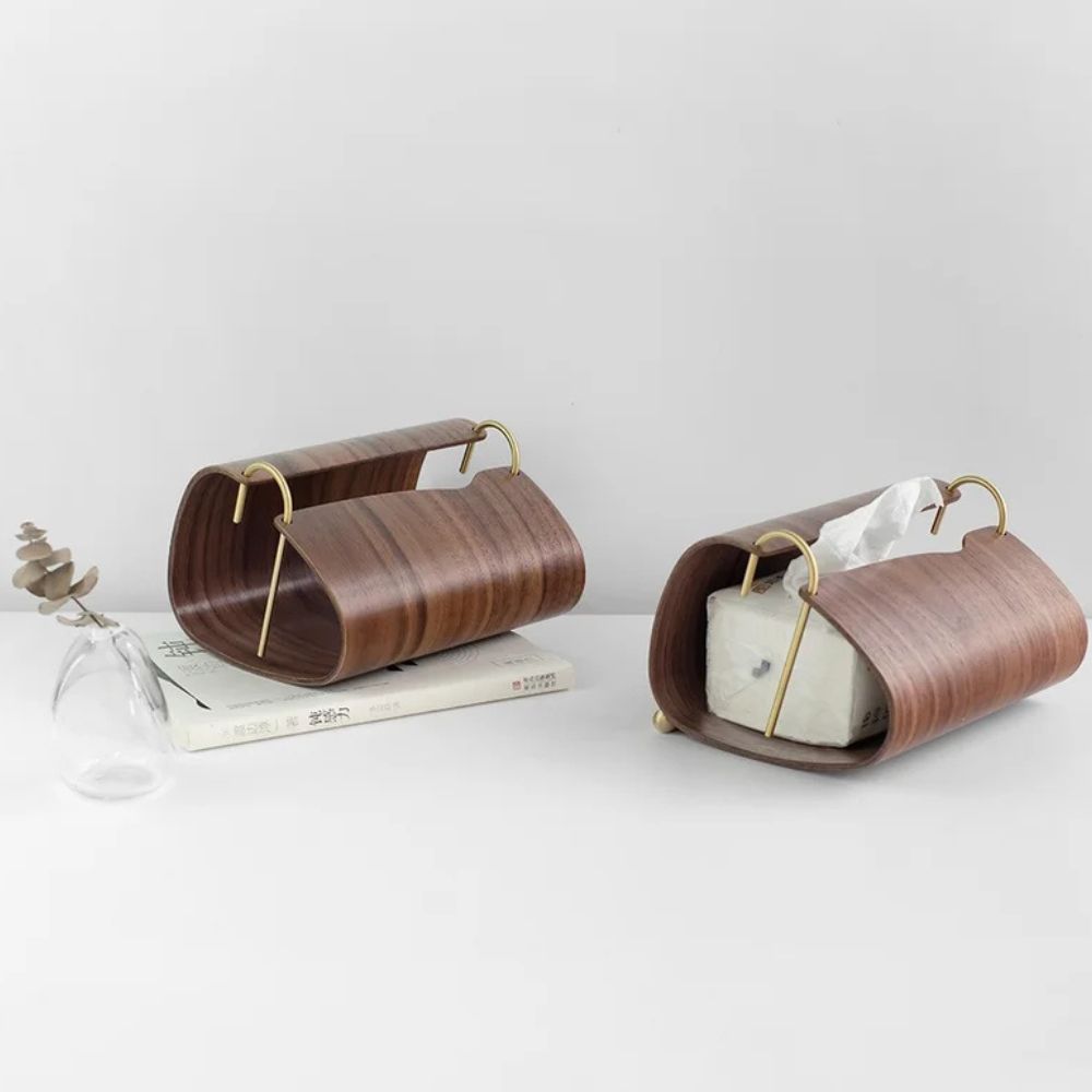 Tissue Box Cover Walnut Finish Brass Insert Non Slip Feet