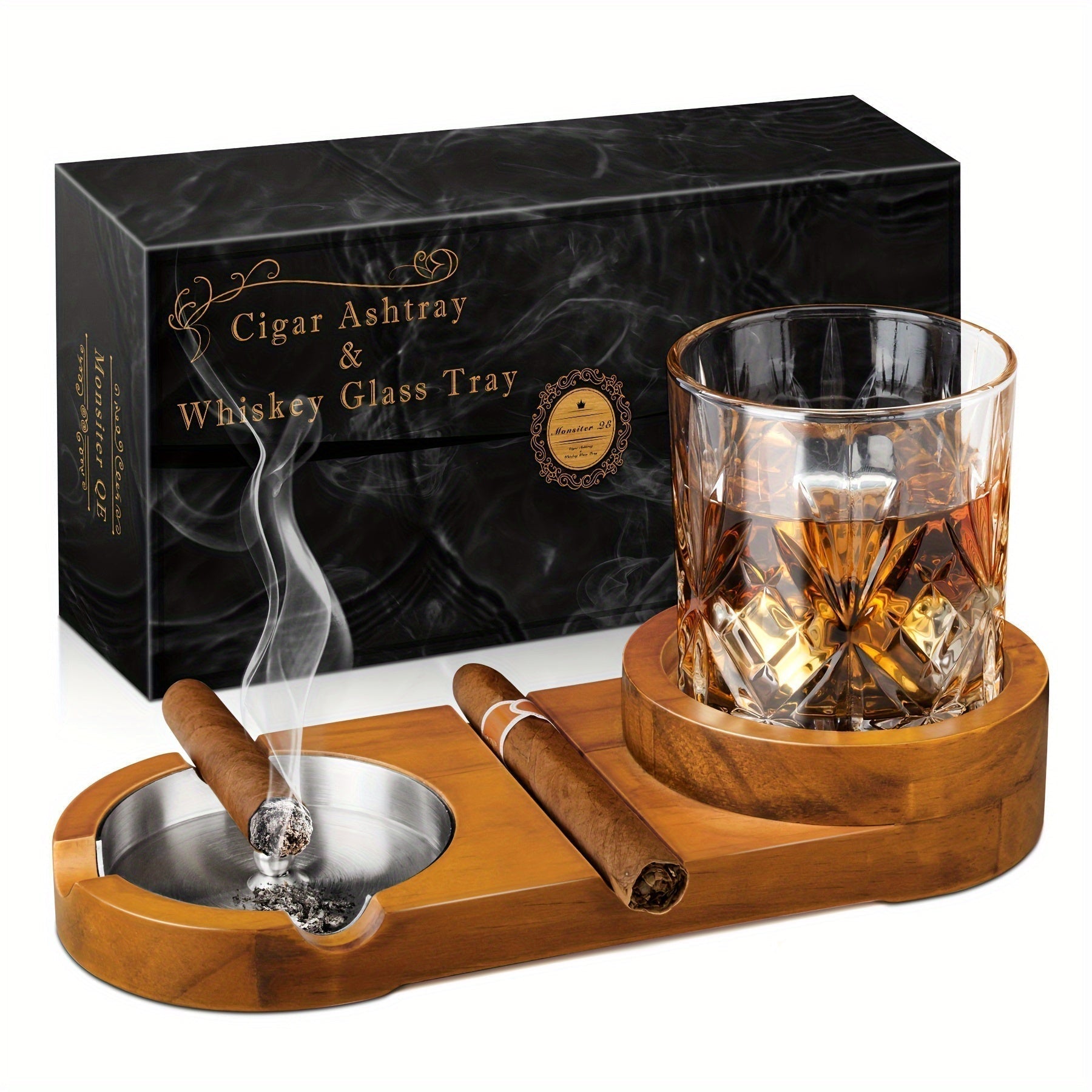 Cigar Ashtray Wooden Base Glass Holder Natural Finish