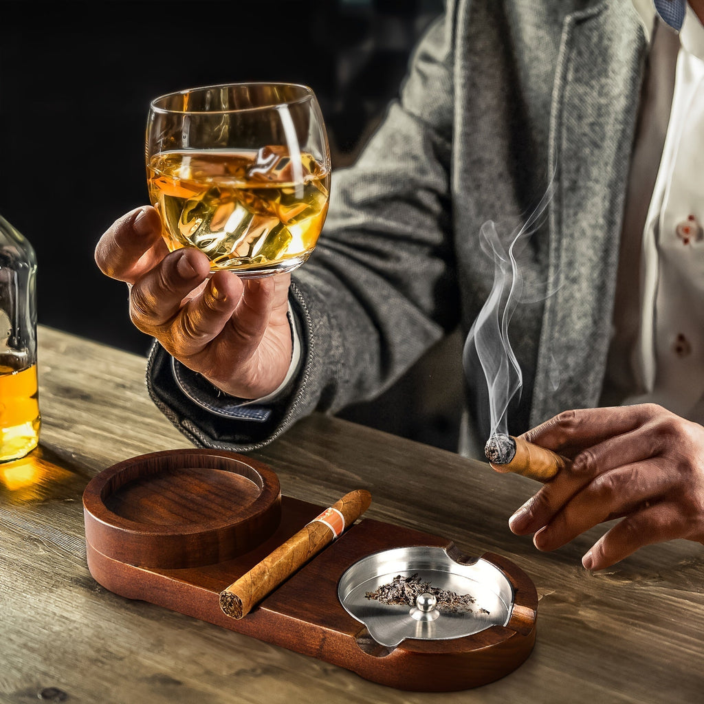 Cigar Ashtray Wooden Base Glass Holder Natural Finish