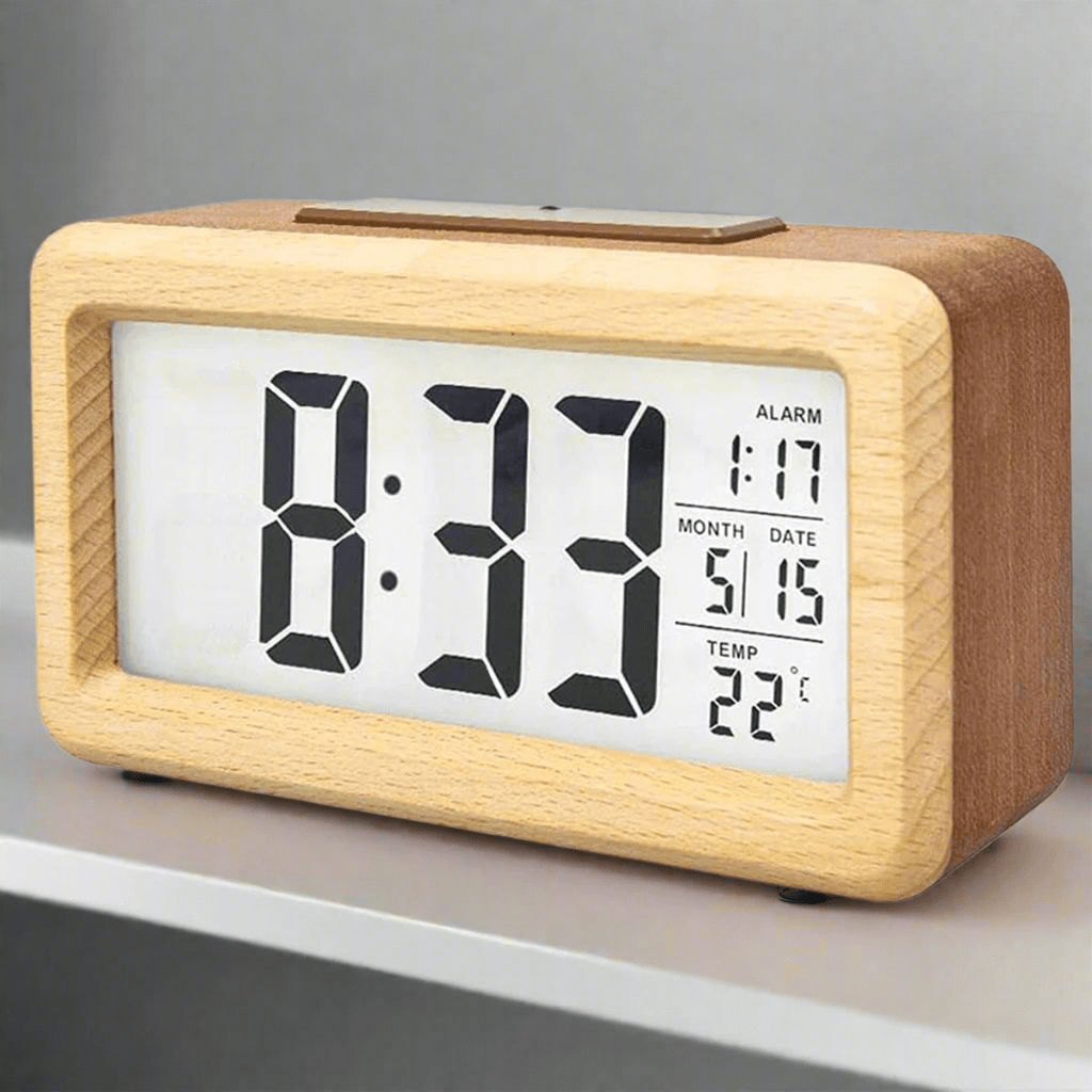 Wooden Digital Alarm Clock LED Display with Temperature Sensor and Calendar