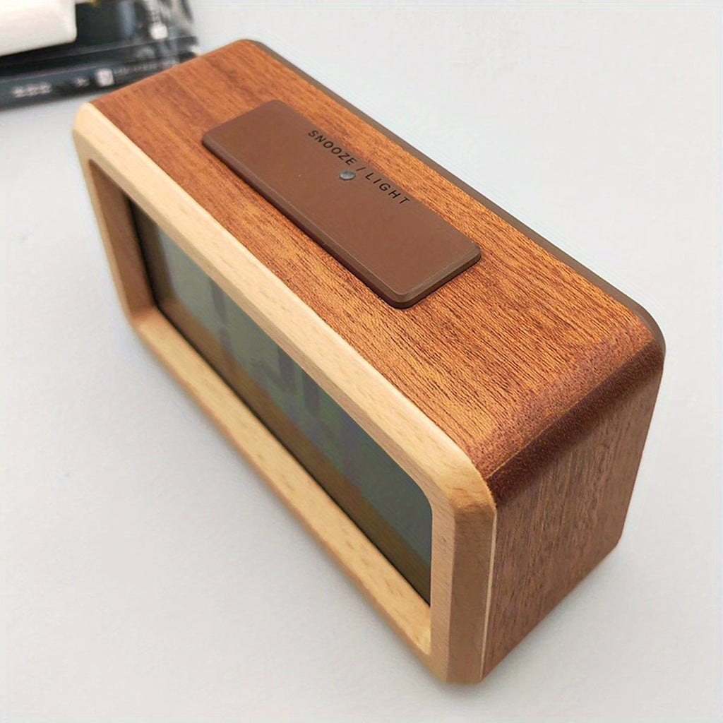 Wooden Digital Alarm Clock, LED Display, Time Date Temperature Display