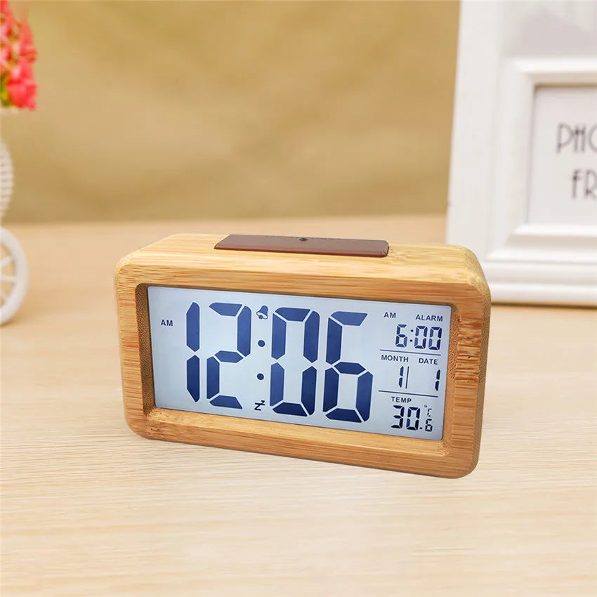 Wooden Digital Alarm Clock, LED Display, Time Date Temperature Display