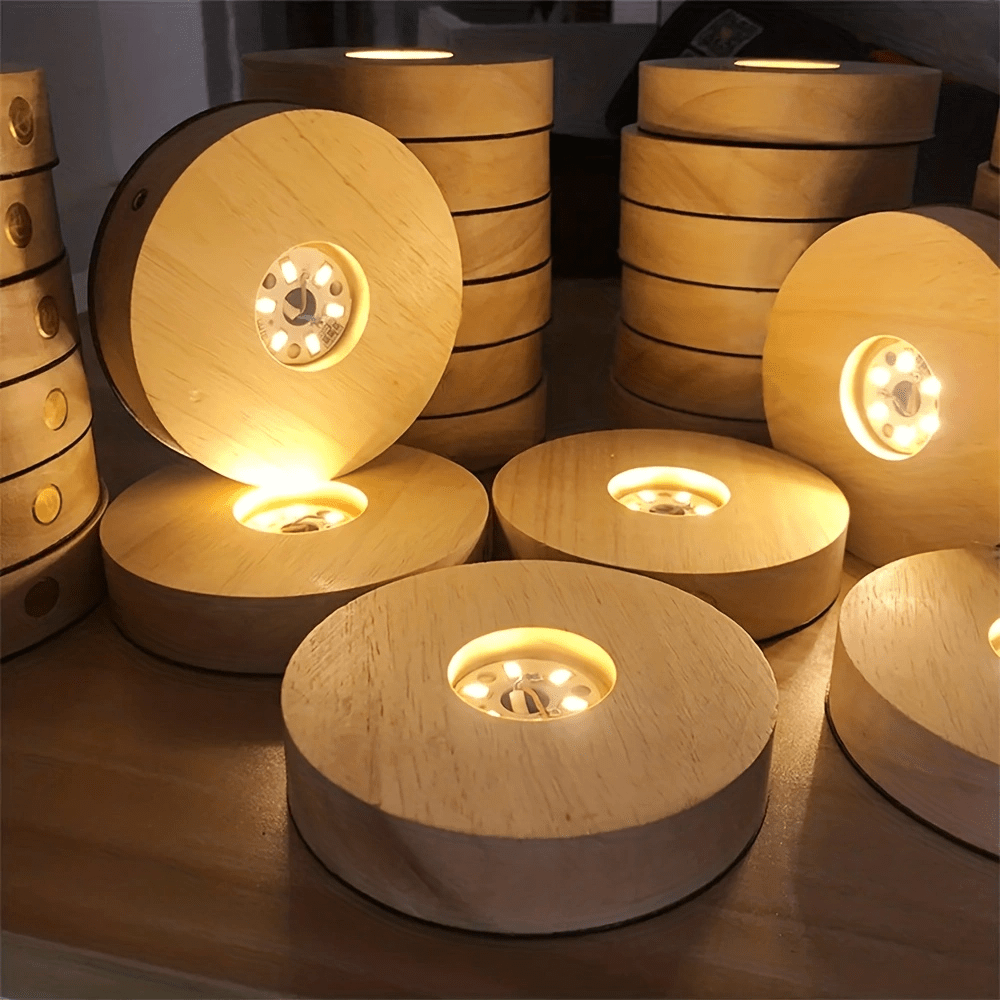 LED Display Stand Light Base Natural Wood USB Powered Warm White 6 LED Compact Round