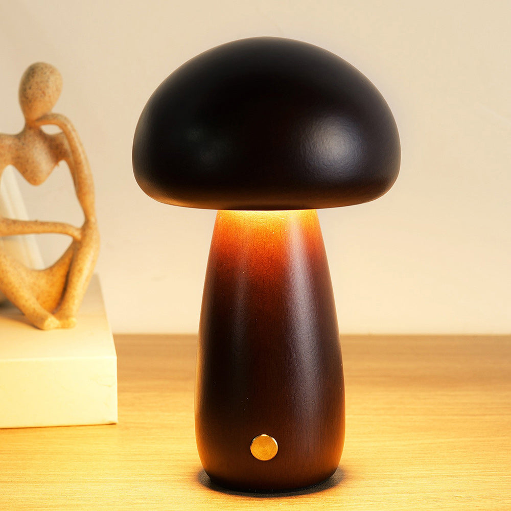 Cordless Wooden Mushroom Table Lamp with Touch Dimmer