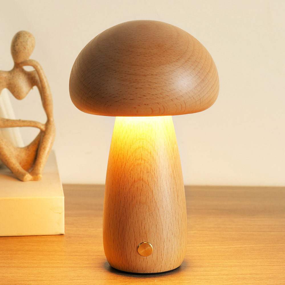 Cordless Wooden Mushroom Table Lamp with Touch Dimmer