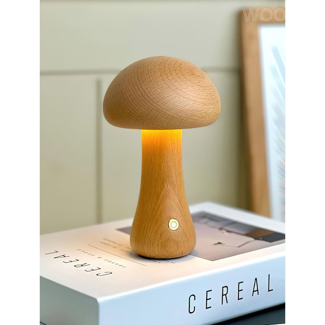Cordless Wooden Mushroom Table Lamp with Touch Dimmer