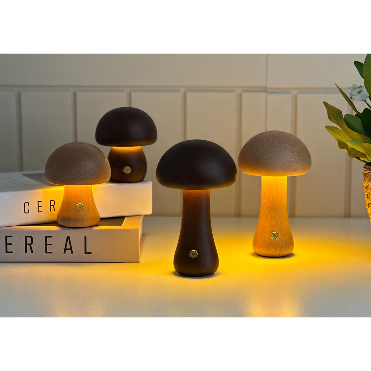 Cordless Wooden Mushroom Table Lamp with Touch Dimmer
