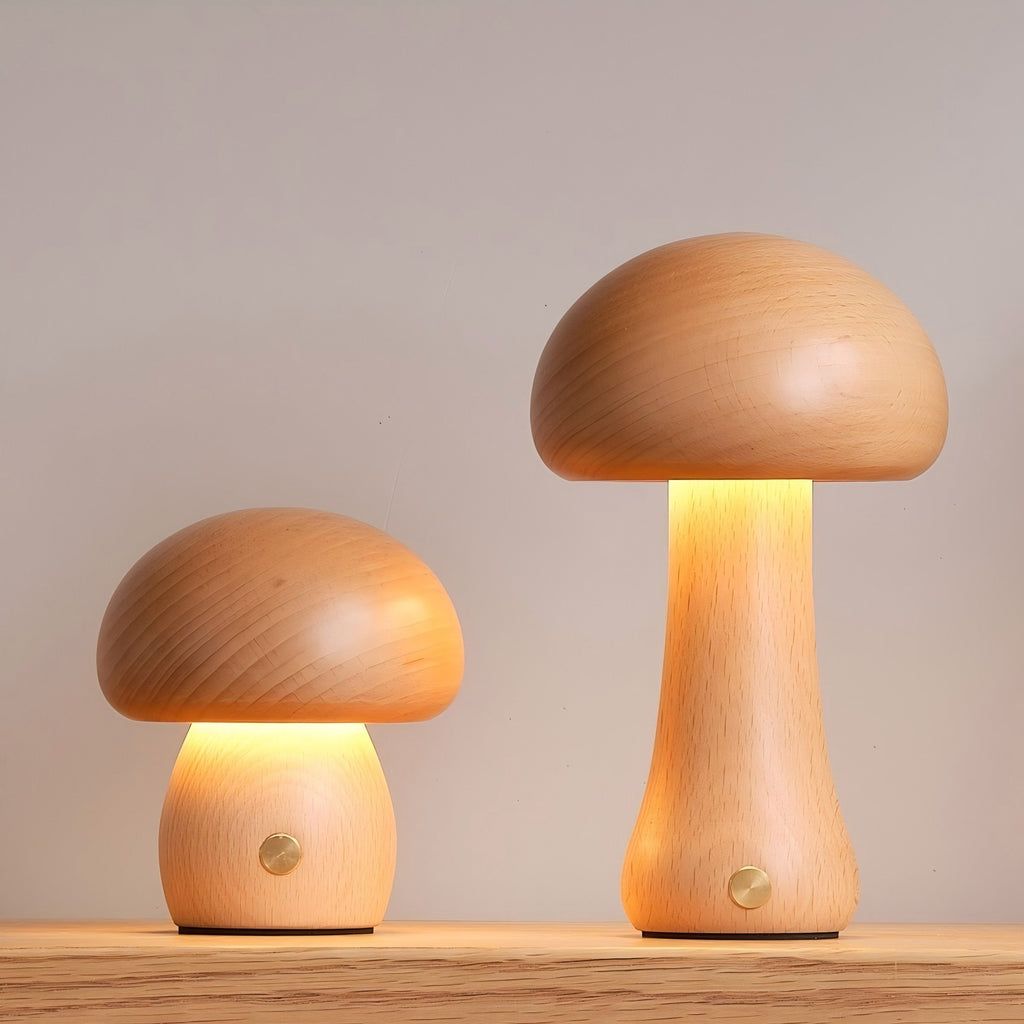 Cordless Wooden Mushroom Table Lamp with Touch Dimmer