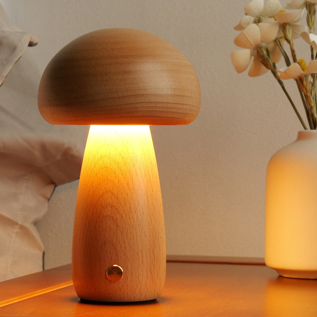 Cordless Wooden Mushroom Table Lamp with Touch Dimmer