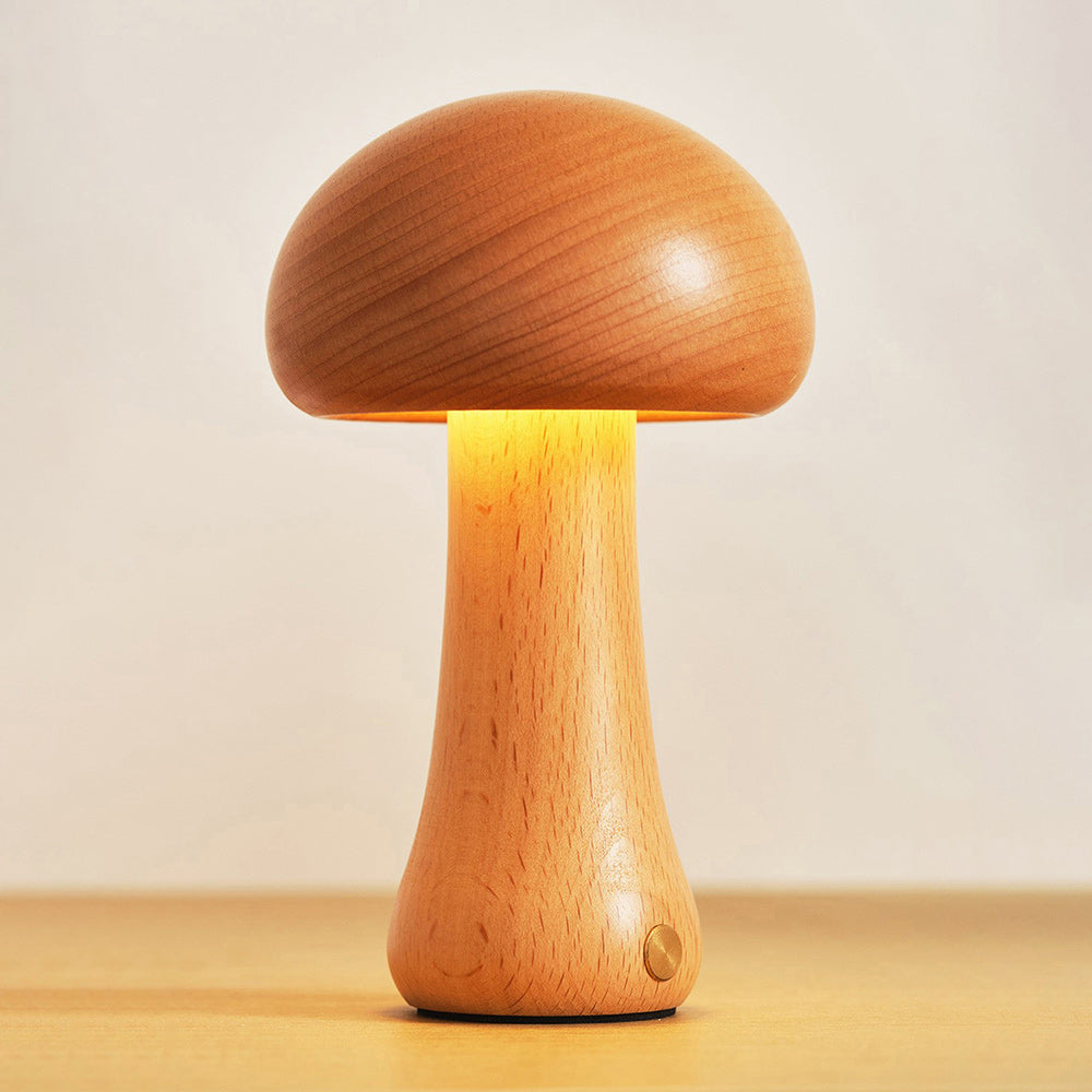 Cordless Wooden Mushroom Table Lamp with Touch Dimmer
