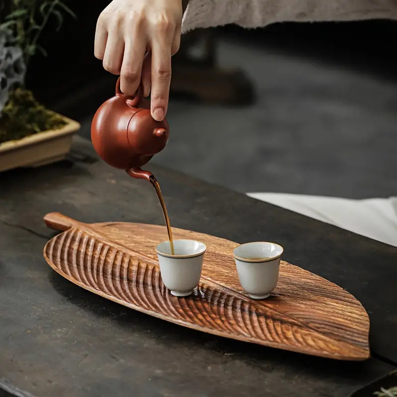 Wooden Serving Bowl Solid Wood Leaf Shape Natural Finish