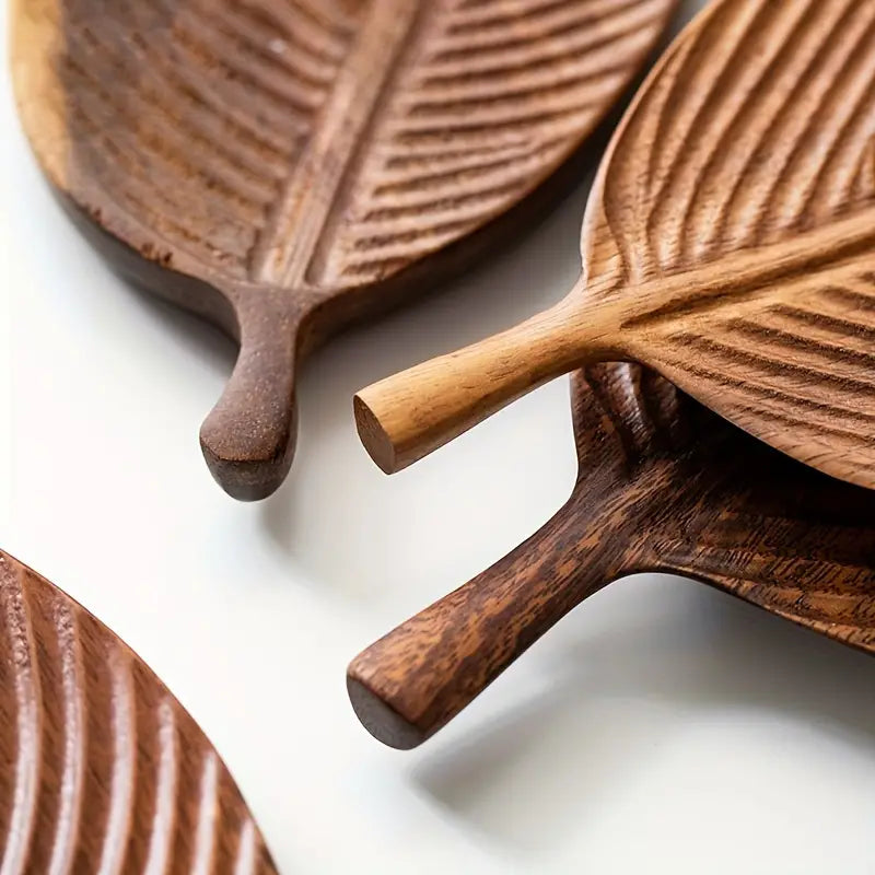Wooden Serving Bowl Solid Wood Leaf Shape Natural Finish