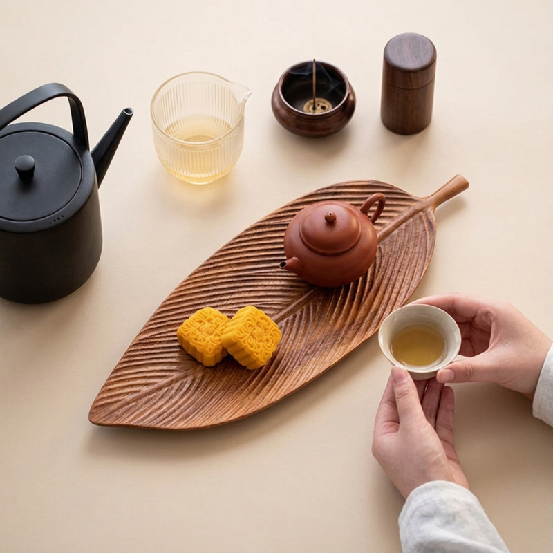 Wooden Serving Bowl Solid Wood Leaf Shape Natural Finish