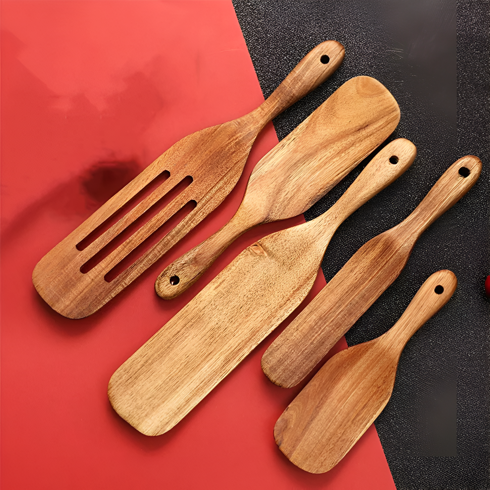 Teak Wood Spatula Set Ergonomic Grip Natural Wood Kitchen Utensils